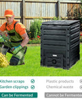 Gardener using Big 120 Gallon Outdoor Compost Bin With Snap On Top Lid And Aeration System in backyard garden