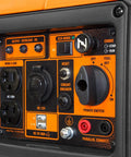 Close-up of control panel on Ultra Quiet 2350 Watt Portable Inverter Generator With Fuel Shutoff Gas Powered Lightweight 39 Pound Unit