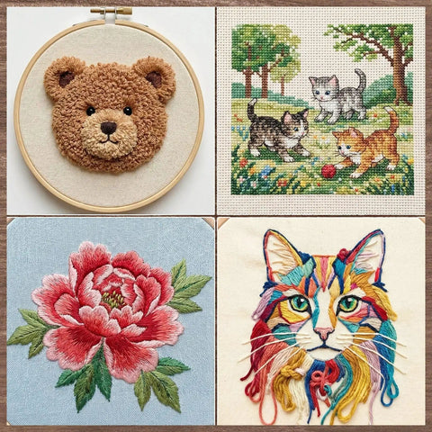 Various embroidery projects including bear punch needle, kitten cross-stitch, floral embroidery, and colorful cat design.