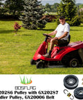 Heavy Duty Idler Pulley Pair And Reinforced Drive Belt Combo Pack Fits John Deere Lawn Tractor GX20286 GX20287 GX20006 displayed on red lawn tractor.