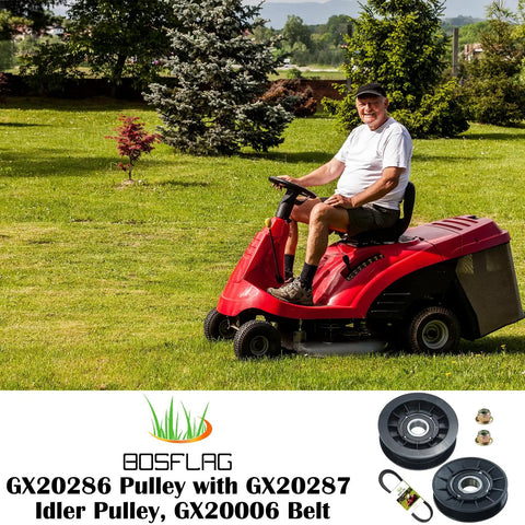 Heavy Duty Idler Pulley Pair And Reinforced Drive Belt Combo Pack Fits John Deere Lawn Tractor GX20286 GX20287 GX20006 displayed on red lawn tractor.