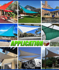 Beige 10 Foot Triangle Sun Shade Sail UPF 50 Plus UV Block 200GSM Heavy Duty Breathable HDPE Mesh Canopy in various outdoor spaces