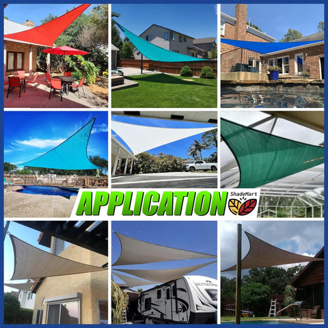 Triangle Shade Sail Canopy 28 Ft By 28 Ft By 28 Ft Water Permeable UV Blocking Heavy Duty Shade installed in various outdoor settings.