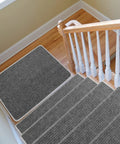Stair Tread Carpet Runner Set With Adhesive Backing And Nonskid Grip For Easy Install 14 Plus 1 Pieces on wooden stairs, grey color