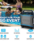 Block Rocker Kickin Portable Bluetooth Outdoor Party Speaker With Karaoke Microphone, 120W Power by a pool