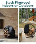 24-Inch Round Firewood Rack With Weatherproof Cover For Indoor Use next to fireplace and outdoor scene with wooden cabin.