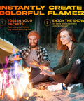 Campers using Color Changing Fire Packets For Campfire And Fire Pit 10 Pack Rainbow Flames near a tent