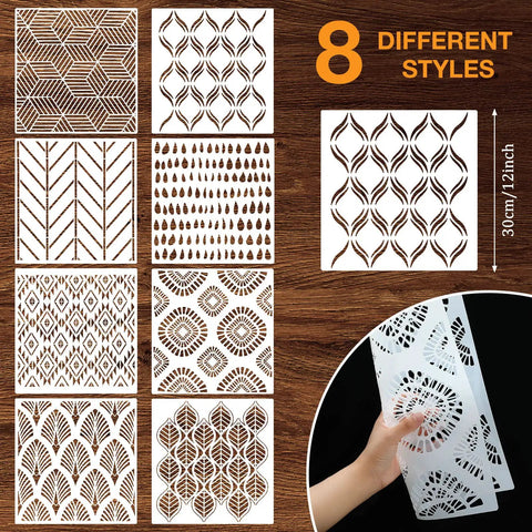Geometric Herringbone Wall Stencil Set Eight Pieces 12x12 Inch Reusable Pattern Film for Modern Wall Decor DIY Painting Projects