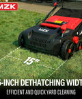 15-Inch 2-In-1 Electric Dethatcher and Scarifier with removable 5-position height on green lawn, red design, side view