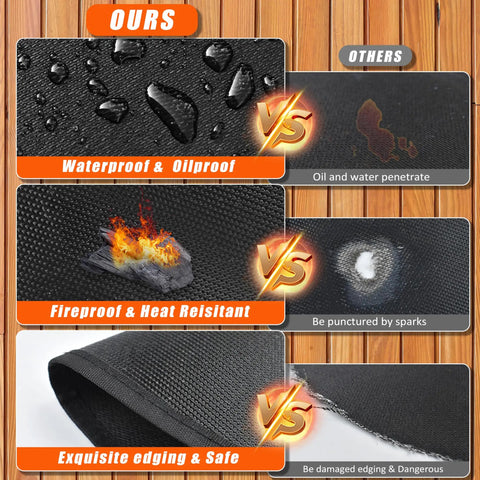Comparison of 47In fireproof deck protector showing features like waterproof, heat resistant, and safe edging vs other mats.