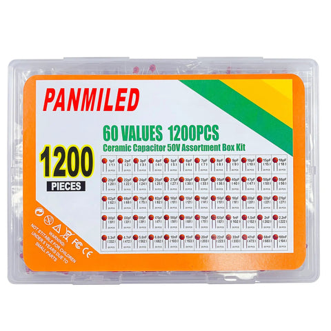 High Quality 1200 Piece Ceramic Capacitor Assortment Kit Featuring 60 Unique Values Spanning 1PF Up To 100NF Rated At 50V in storage box.