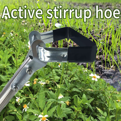 Metal stirrup hoe tool in use over grass, text 'Active stirrup hoe' shown, Stirrup Hoe Replacement Head For Weeding And Soil Loosening Hula Hoe Action Weeder Tool For Gardening Durable Garden Bed Weeder With DIY Handle Length Options And Easy Swap With Any Standard Handle Pro Grade Garden Prep Accessory.