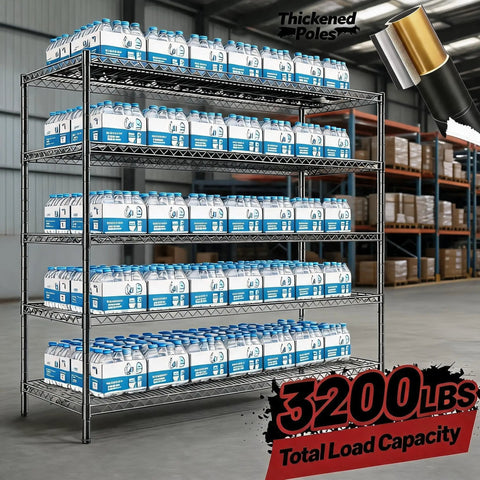 Beefy Five Tier Heavy Duty Adjustable Wire Shelving Rack With Three Thousand Two Hundred Lbs Max Capacity For Garage Organization Kitchen Pantry And Stacking Storage Built Tight To Handle Your Heaviest Gear Measures Fifty Nine By Eighteen By Seventy One, filled with bottles.