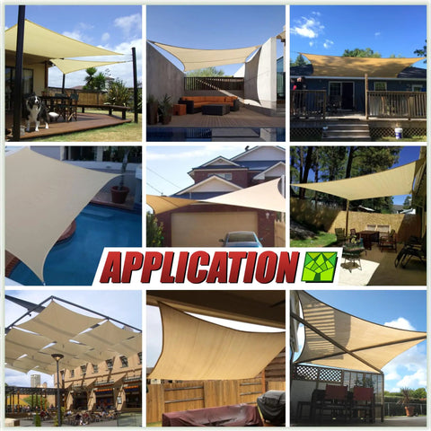 Beige 14 By 18 Foot Shade Sail Rectangle Canopy With UPF50 UV Block Water Permeable Heavy Duty Outdoor Awning installed in various settings