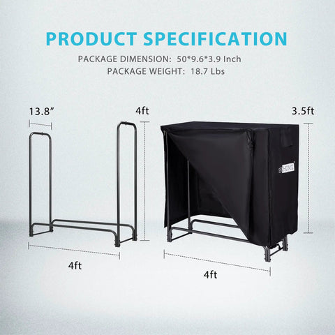 Heavy Duty Four Foot Indoor Outdoor Firewood Storage Rack With Weatherproof Zippered Cover And Sturdy Steel Log Stand