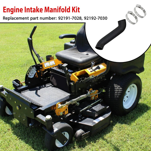 Ultimate Drop In Engine Intake Manifold Kit bolts right on to mower, black rubber intake pipe with clamps for airflow upgrades.
