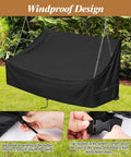 Waterproof Porch Swing Cover For Outdoor Patio Swings Garden Hammock Gliders And Hanging Benches Size 62 By 26 By 15 To 21 Inches Made From 420D Oxford Fabric With Sealed Seams shown covering a swing on a patio with close-ups of drawstring and buckle attachment