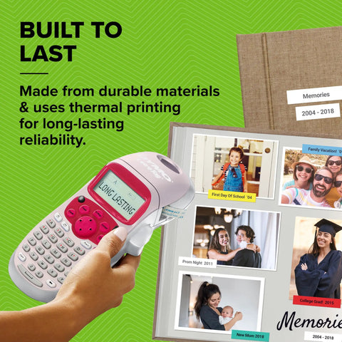 Pink Handheld Label Maker For Home And Office, Lets You Create Quick, Stylish Labels With ABC Keyboard, 13-Character LCD shown in use next to a photo album.