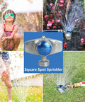 Square spot sprinkler watering garden plants and lawn with child playing in background; part of 360 Degree Metal Spot Sprinkler 2 Pack For Yard And Garden Use Heavy Duty Alloy Sprinklers With Gentle Water Flow Perfect For Small Areas And Lawns Delivers Even Coverage Up To 30 Feet set