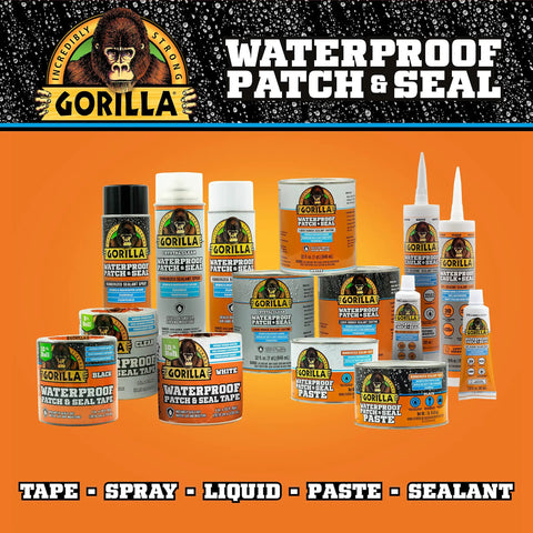 Assorted waterproof patch and seal products including tape, spray, liquid, paste, and sealant by Gorilla brand displayed.