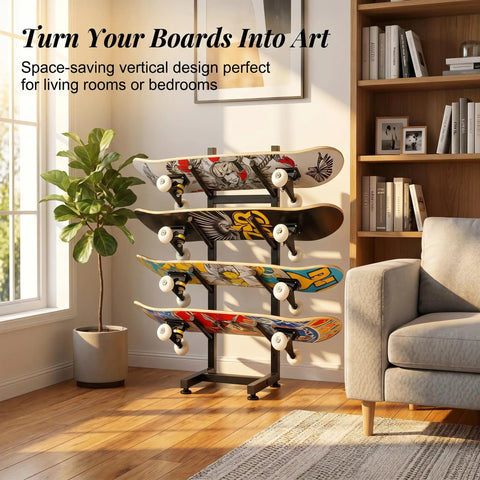 Freakishly Durable Industrial Grade Steel Knocks Out Clutter With A Badass 4 Tier Skateboard Rack Floor Stand For Garage Bedroom Display Holds Longboards Cruisers Skis Boots And Snowboards in use with colorful boards.
