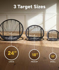 Three Chipster Range PRO Golf Chipping Nets in 24", 18", and 12" sizes displayed indoors for practice.