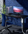 Modern desk setup with computer, chair, and 360 Degree Rotating Flat Extension Cord With 3 Outlets, 3 Ft Grounded 16 AWG UL Certified Power Cable, Slim Flat Plug For Tight Spaces And Desk Setups, White, mounted on desk.