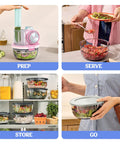 Five In One Food Prep And Storage Bowl System With Crinkle Slicing Shredding Functions dual containers for prepping, serving, storing meals.