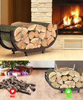 Beefy Firewood Rack For Outdoor Use, 29 Inch Log Holder with Black Steel Frame next to fireplace showing organized storage.