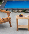 Solid Acacia Wood Side Table With Two Tier Storage For Indoor And Outdoor Use No Fuss Assembly End Table near pool