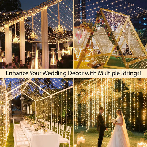 Indoor String Lights With Remote 33ft 100 LED Warm White Twinkle Fairy Lights illuminating wedding venue with drapes.