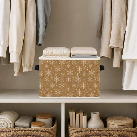 Pretty Dang Handy Foldable Storage Bins With Reinforced Handles Keep Your Space Knockout Clean And Clutter Free Packs A Cool Winter Snowflake Vibe, filled with folded clothing on a shelf.