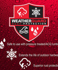 WeatherGuard logo with rust protection graphic, featuring weather icons, safe for outdoor hardware and pressure treated lumber.