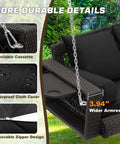 Close-up of 3 Person Porch Swing Bench Wicker Outdoor Hanging Chair with brown rattan and cushions, heavy-duty steel frame detail.