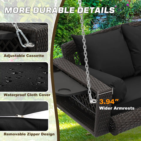 Close-up of 3 Person Porch Swing Bench Wicker Outdoor Hanging Chair with brown rattan and cushions, heavy-duty steel frame detail.
