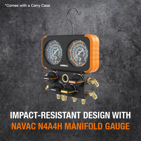 Tough As Nails 4 Valve Air Conditioning Manifold Gauge Set With Hose Lines showing impact-resistant design and dual gauges.
