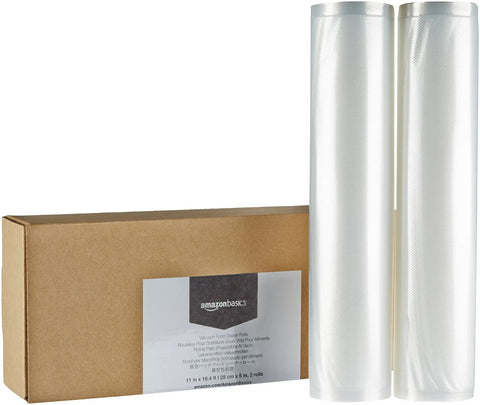 White Vacuum Sealer Bag Rolls Two Pack Heavy Duty Food Storage Compatible With Any Machine Hella Durable And Straight Up Essential For Freezer Safe Food Prep, in a box with two rolls visible.