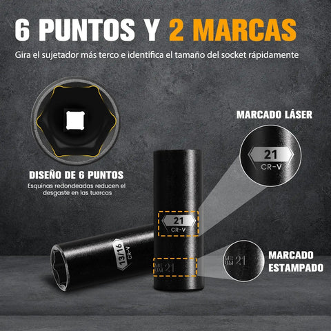 Half Inch Drive Deep Impact Socket Set 29 Piece Six Point SAE And Metric From Three Eighths Inch To One Inch And Ten To 24 MM Chrome Vanadium With Three And Five Inch Extension Bars And Socket Adapter showing six-point design and markings