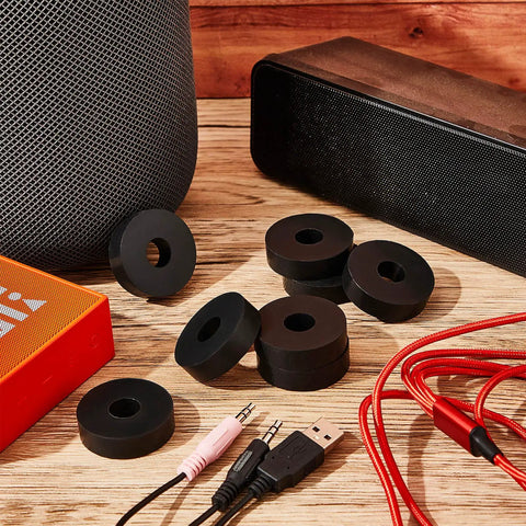 Killer 4 Pc Thick Rubber Isolation Pads And Vibration Damping Washers 1 5 Inch Od on wooden surface with audio equipment.