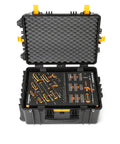 Heavy Duty Tool Carrier With Wheels For Pro Mechanics Military Grade Polypropylene Construction Four Foam Protected Trays For Standard Hand Tool Sets Mobile Toolbox Built To Keep Your Tools Ready open with foam trays and organized tools inside.