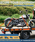 Motorcycle secured on trailer with 4 Pack Ratchet Straps For Trailers Boats And More, 1 Inch By 10 Foot Heavy Duty Tie Downs With 900 Lb Break Strength, S Hooks, Rubber Coated Handle, Orange, Great For Motorcycles Kayaks And Cargo Securement