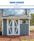 Heavy Duty Stainless Steel Gate Hinges 2 Pack Rock Solid Outdoor Barn Hardware on a blue shed with white doors.