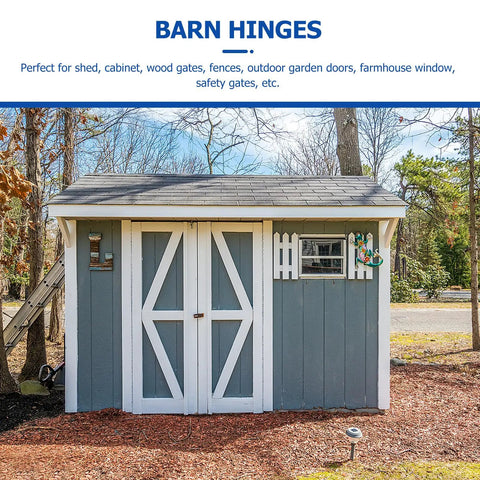 Rock Solid Black Stainless Steel Gate Hinges Heavy Duty Barn Door Hardware Pair on a garden shed with rustic design.