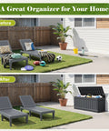 Before and after patio with 80 Gallon Resin Outdoor Storage Box With Wood Texture Waterproof Deck Box For Patio Cushions