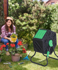 18.5 Gallon Compost Tumbler With Two Sliding Doors All Season Outdoor BPA Free PP And Solid Steel Frame in garden setting