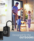 Dual Outlet Outdoor Timer Switch With Wireless Remote For Yard Lights And Garden Decor No Sweat Scheduling Slick Plug In Convenience Top Shelf All Weather Construction with family using garden lights.