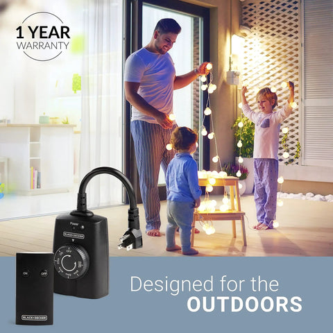 Dual Outlet Outdoor Timer Switch With Wireless Remote For Yard Lights And Garden Decor No Sweat Scheduling Slick Plug In Convenience Top Shelf All Weather Construction with family using garden lights.