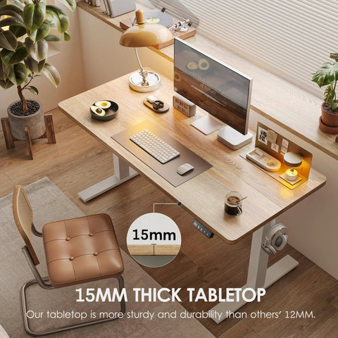 Height Adjustable Electric Standing Desk With 47.2 By 23.6 Inch Surface, Sit Stand Desk With White Frame And Maple Top, Memory Controller