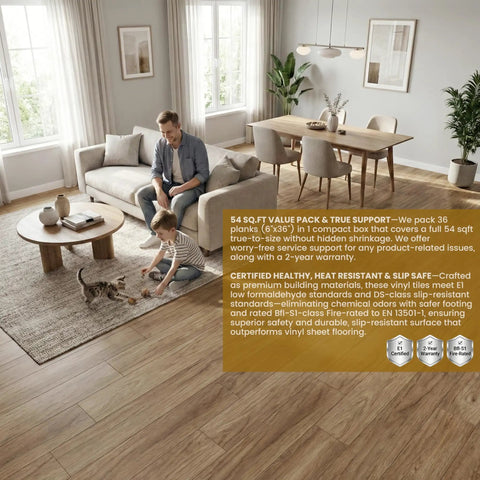 Living room with Waterproof Peel And Stick Floor Tile Earthen Oak Vinyl Plank Flooring For Kitchen Bedroom Bathroom RVs Easy DIY Install Durable Rental Friendly Scratch Resistant 54 Sq Ft Coverage 36 Planks 6 By 36 Inches installed