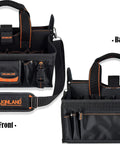 Heavy Duty 19 Pocket Tool Tote For HVAC Technicians And Electricians, Rugged Organizer Bag With Socket Pockets, Front and Back View